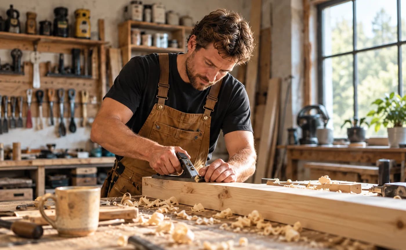 Een vakman schaaft zorgvuldig een houten plank in zijn werkplaats